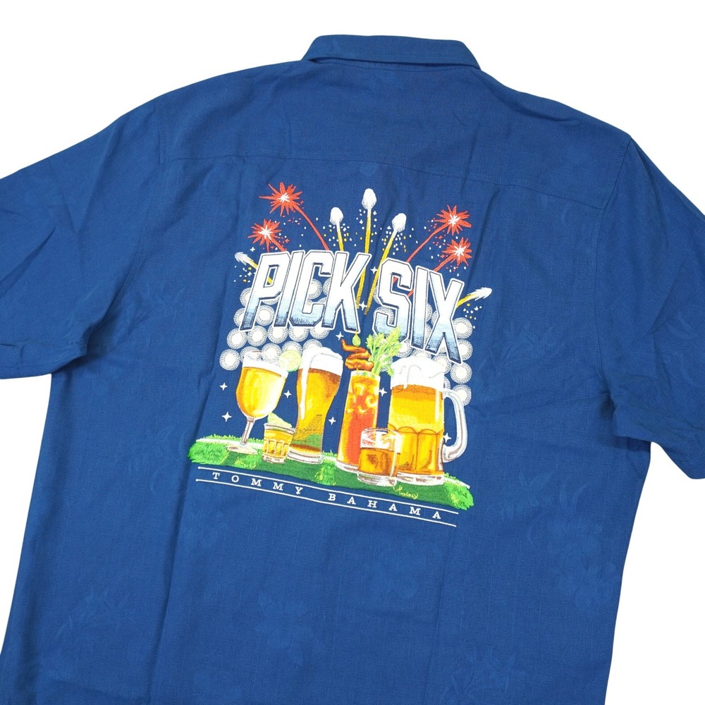NEW Tommy Bahama Mens L‎ Embroidered Silk Camp Shirt Pick Six Hawaiian Beer NFL